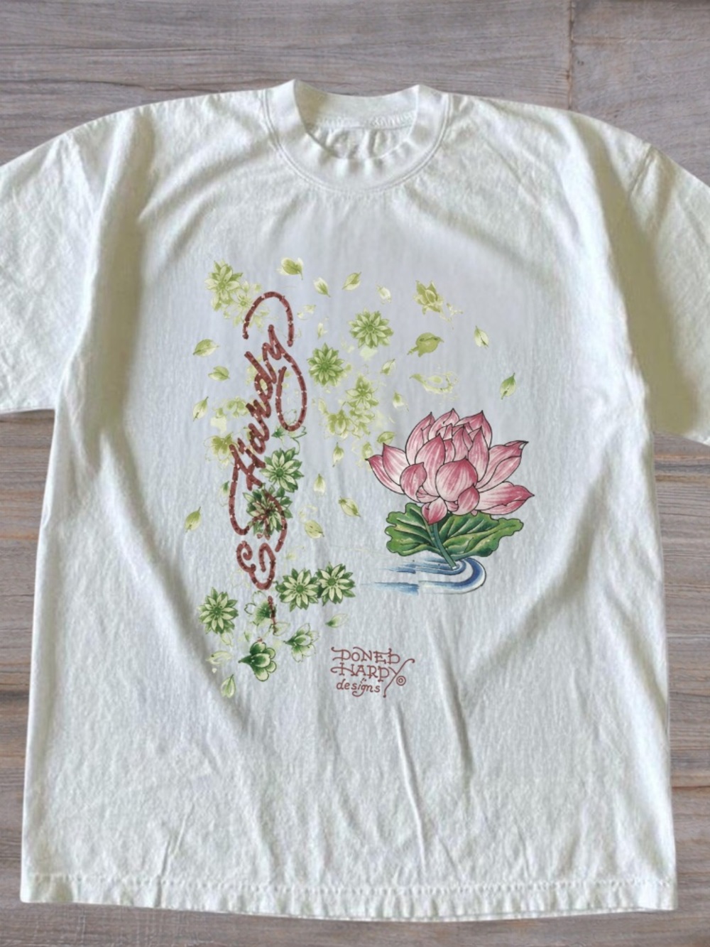 Don Ed Hardy Floral Lotus Graphic Tee - White with Pink & Green